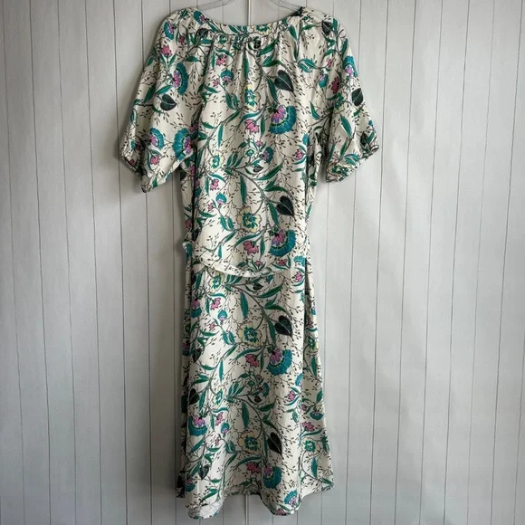 LOFT size L puff sleeve midi dress linen blend beige floral belted split neck - Picture 10 of 16